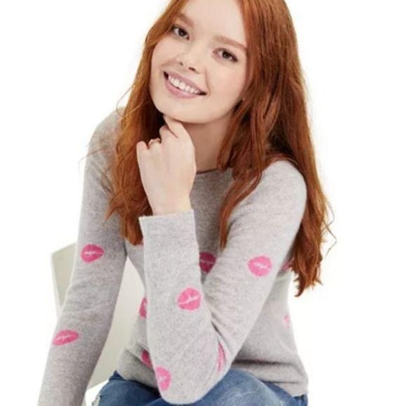 Charter Club 100% Cashmere Lipstick Lips Crewneck Sweater Gray Pink Medium - Picture 3 of 13